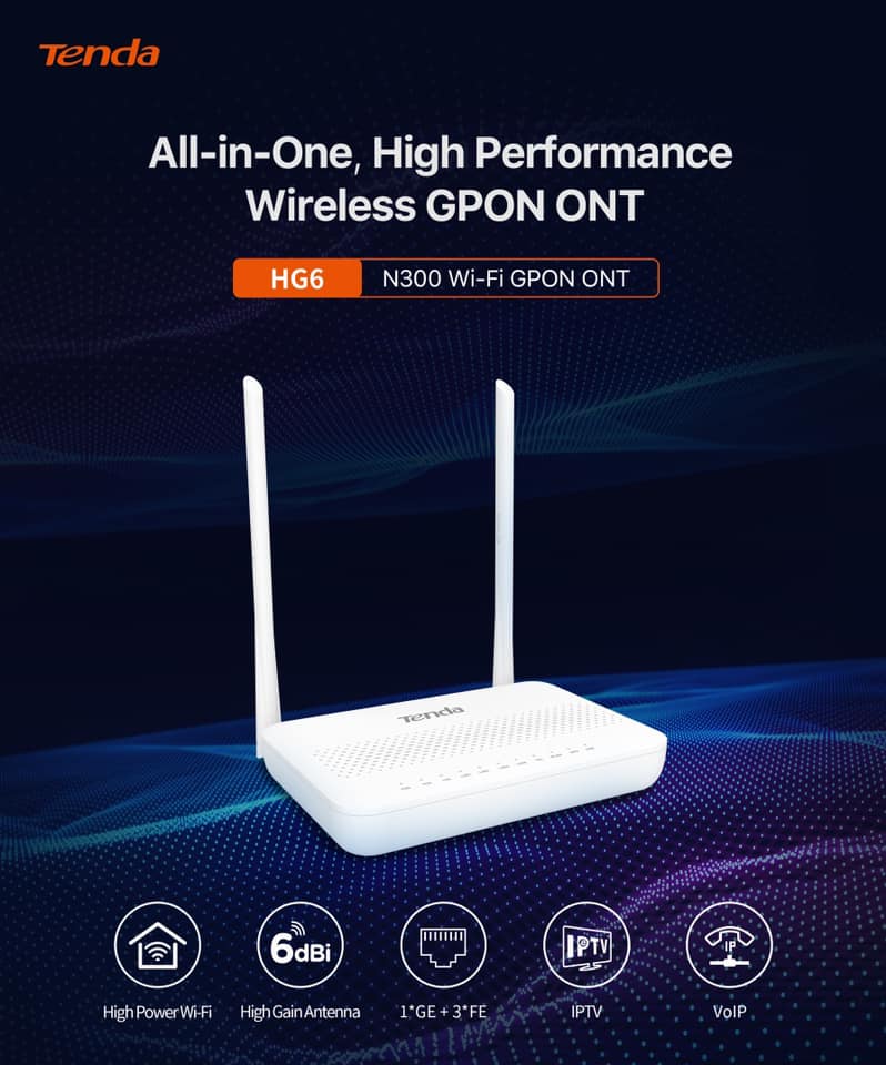 Tenda HG6 N300 Wi‑Fi GPON ONT Router – Fiber FTTH Terminal with 300Mbps Wi‑Fi, 1×Gigabit & 3×Fast LAN, VoIP/IPTV Support