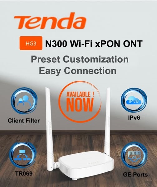 Tenda HG3 N300 Wi‑Fi xPON ONT Router – GPON/EPON Fiber Terminal with 300Mbps Wireless & Gigabit LAN