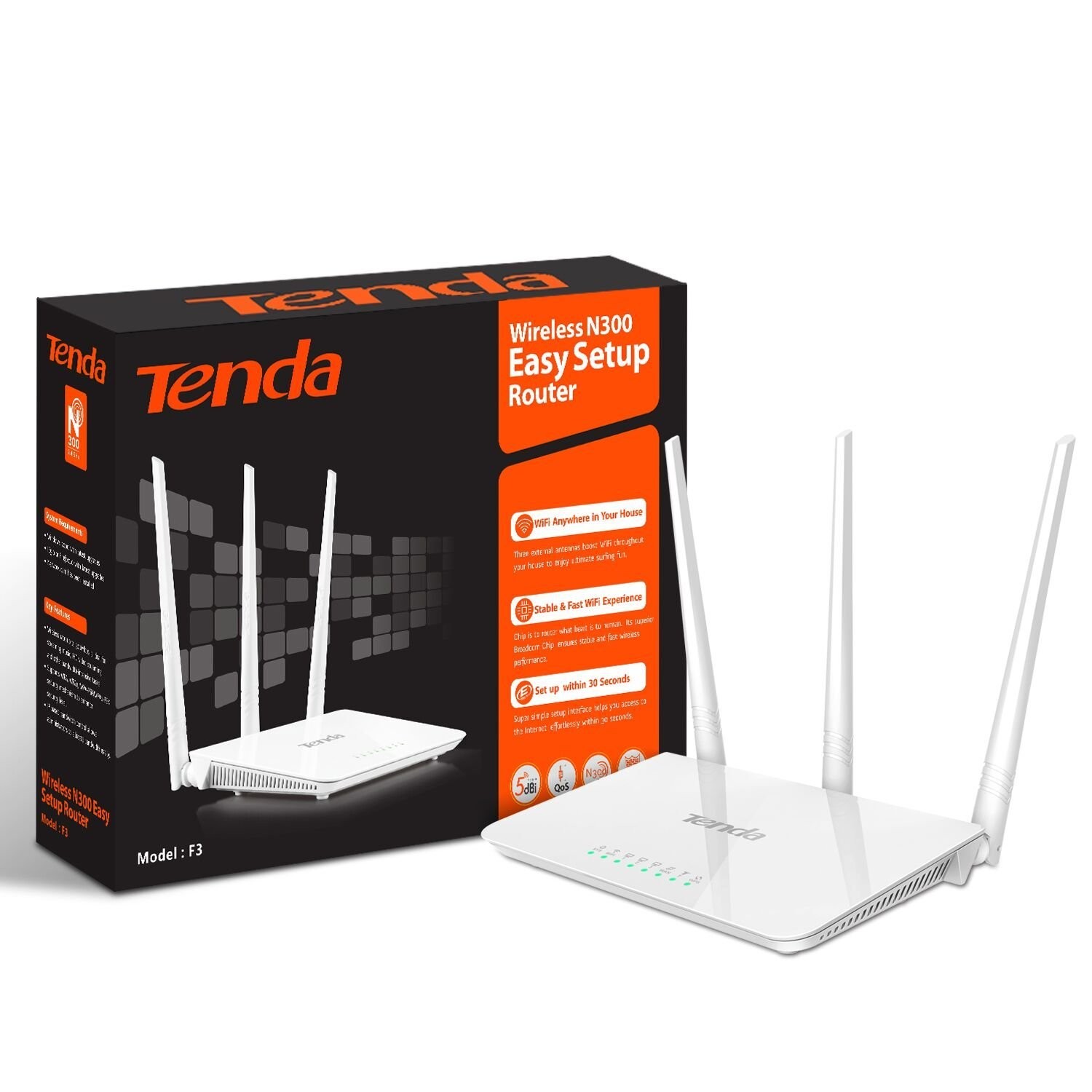 Tenda F3 300Mbps Wireless N Router | 3× 5dBi High Gain Antennas | Stable Home & Office WiFi