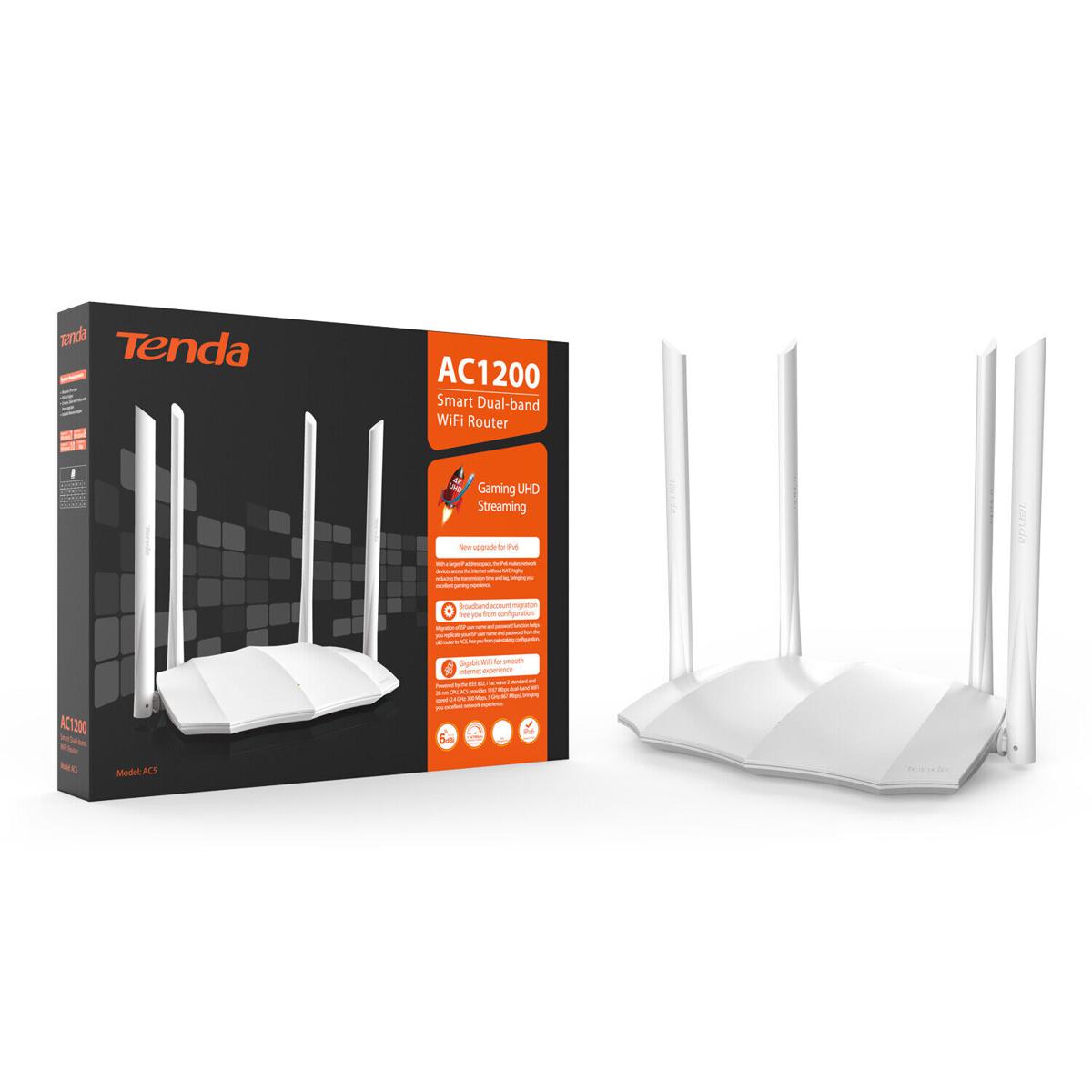 Tenda AC5 AC1200 Dual‑Band Smart Wi‑Fi Router – 300Mbps + 867Mbps, MU‑MIMO & Beamforming+, 4 High‑Gain Antennas