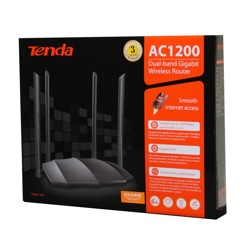 Tenda AC8 AC1200 Dual‑Band Gigabit Wi‑Fi Router – Up to 1167Mbps, 4×6dBi Antennas, MU‑MIMO, Beamforming & Gigabit Ports