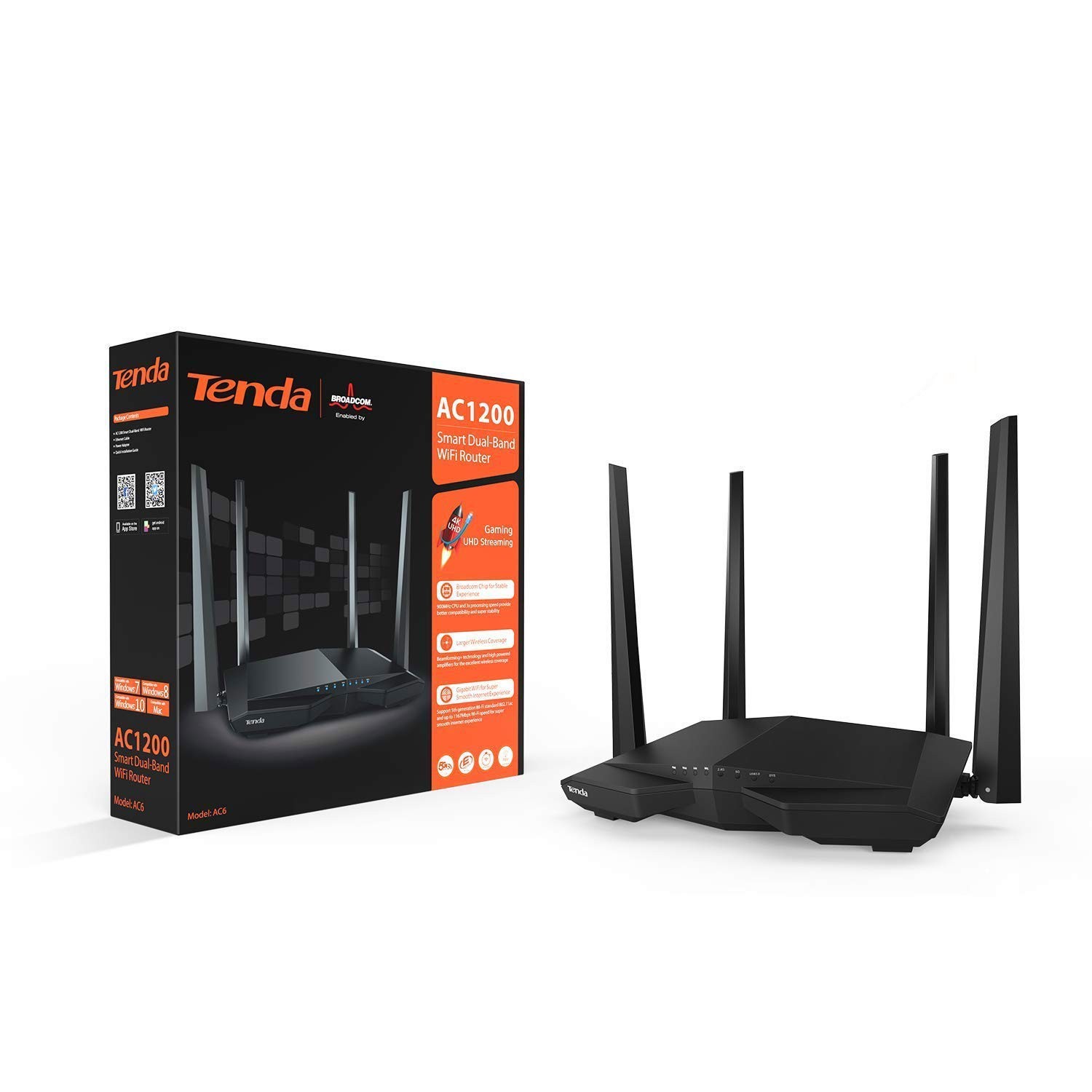 Tenda AC6 AC1200 Smart Dual‑Band Wi‑Fi Router – Up to 1167Mbps, Beamforming+, MU‑MIMO, 4 High‑Gain Antennas